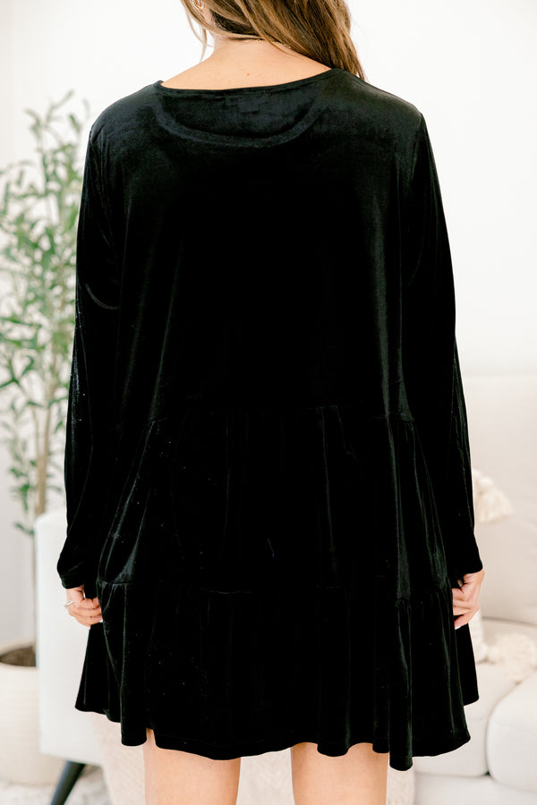 Chic Soul plus size clothing, black long sleeve velour short dress with crew neckline