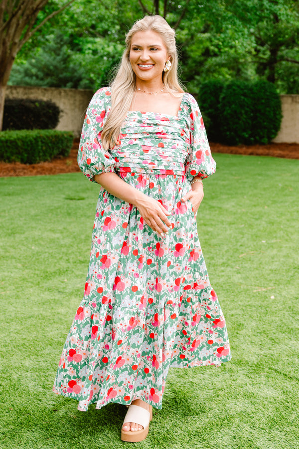 Plus Size fuchsia and green floral midi dress with a pleated bust, square neck, and puff sleeves.