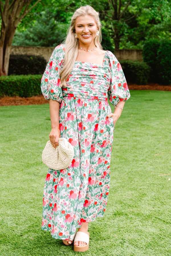 Plus Size fuchsia and green floral midi dress with a pleated bust, square neck, and puff sleeves.