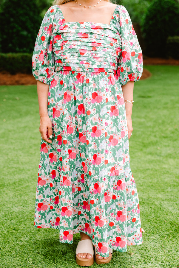 Plus Size fuchsia and green floral midi dress with a pleated bust, square neck, and puff sleeves.