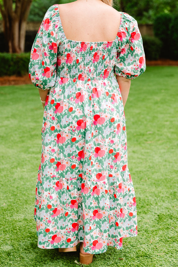 Plus Size fuchsia and green floral midi dress with a pleated bust, square neck, and puff sleeves.