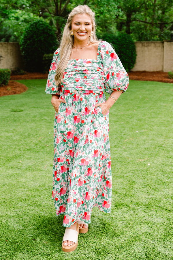 Plus Size fuchsia and green floral midi dress with a pleated bust, square neck, and puff sleeves.