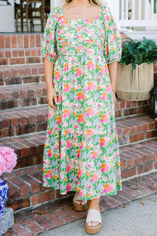 Chic Soul plus size clothing, green multi floral print short sleeve maxi dress with square neckline and puff sleeves with pockets