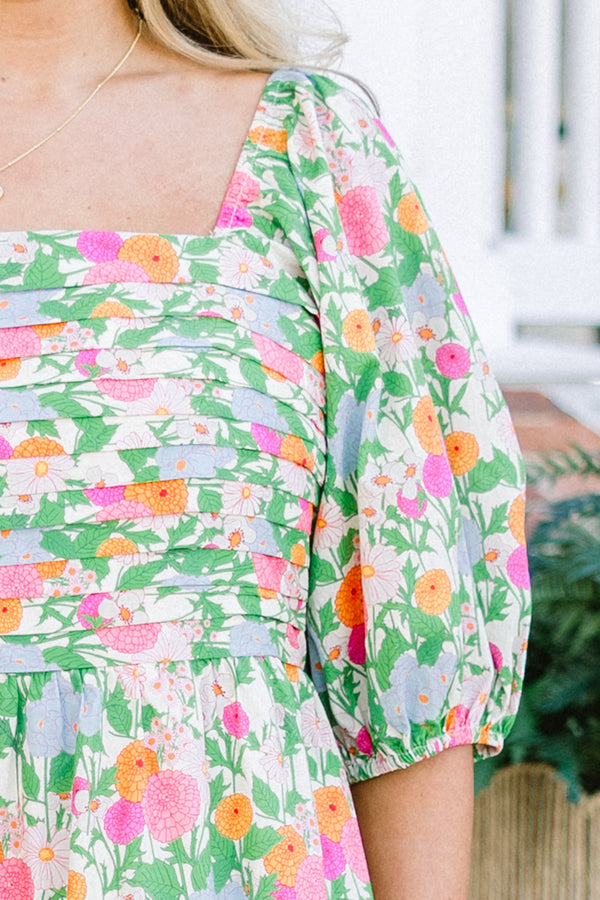 Chic Soul plus size clothing, green multi floral print short sleeve maxi dress with square neckline and puff sleeves with pockets