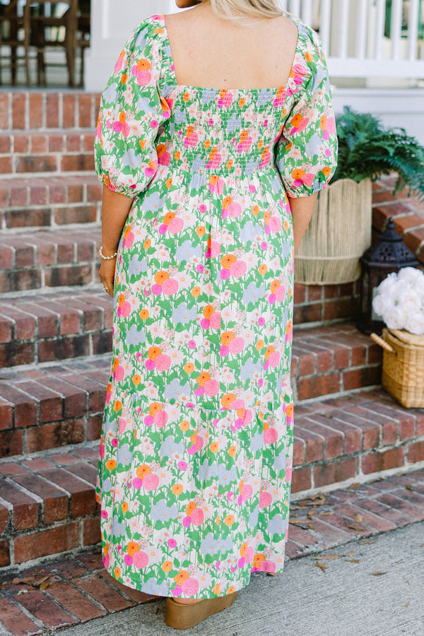 Chic Soul plus size clothing, green multi floral print short sleeve maxi dress with square neckline and puff sleeves with pockets