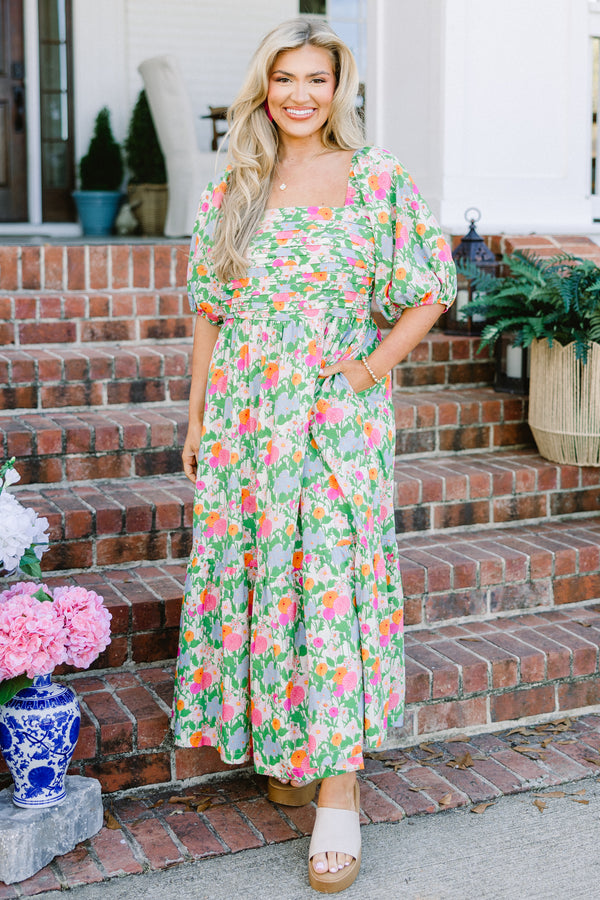 Chic Soul plus size clothing, green multi floral print short sleeve maxi dress with square neckline and puff sleeves with pockets