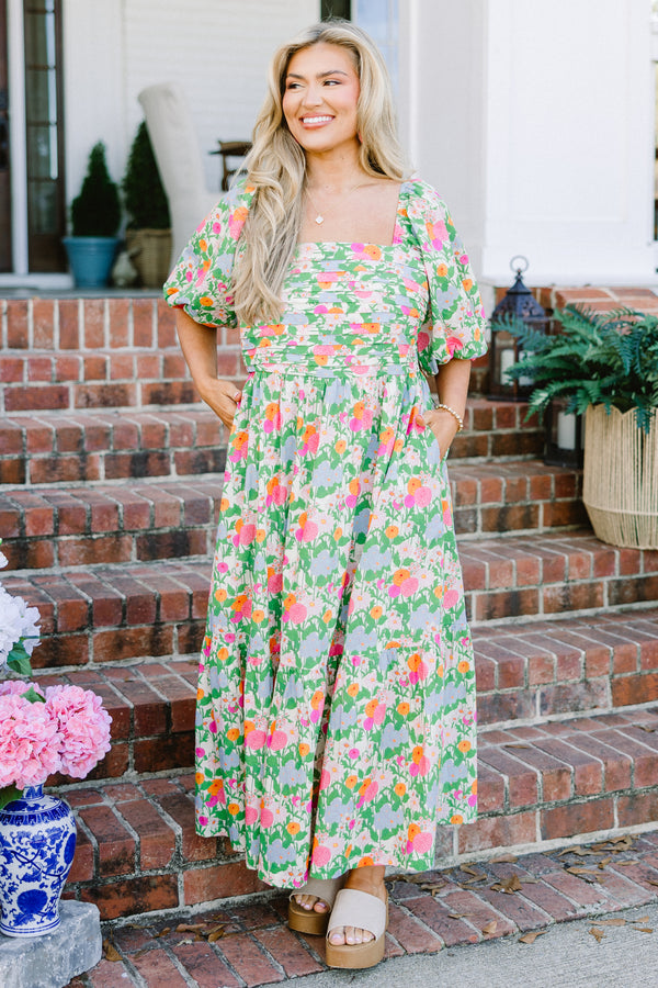 Chic Soul plus size clothing, green multi floral print short sleeve maxi dress with square neckline and puff sleeves with pockets