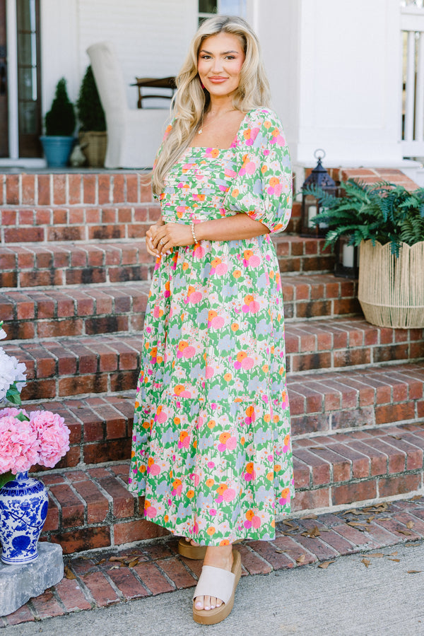 Chic Soul plus size clothing, green multi floral print short sleeve maxi dress with square neckline and puff sleeves with pockets