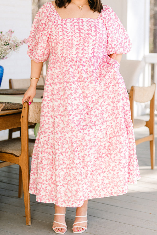 Chic Soul plus size clothing, white and pink small floral midi dress with puff sleeves and tie in the back