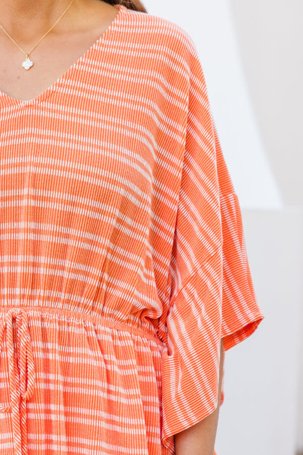 Chic Soul plus size clothing, orange short sleeve poncho top with cinched waist with tie detail with v neckline and flowy sleeves with white striped pattern
