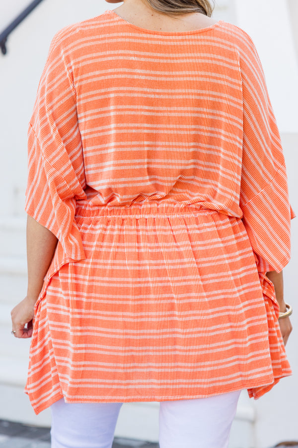 Chic Soul plus size clothing, orange short sleeve poncho top with cinched waist with tie detail with v neckline and flowy sleeves with white striped pattern
