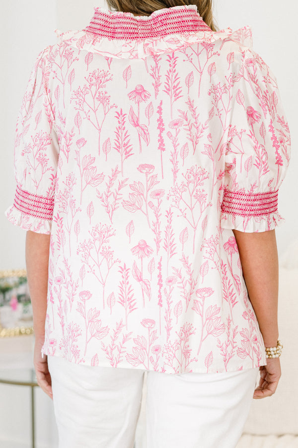 Chic Soul plus size clothing, white short sleeve top with pink floral detail with pink stitching detail along center and sleeves
