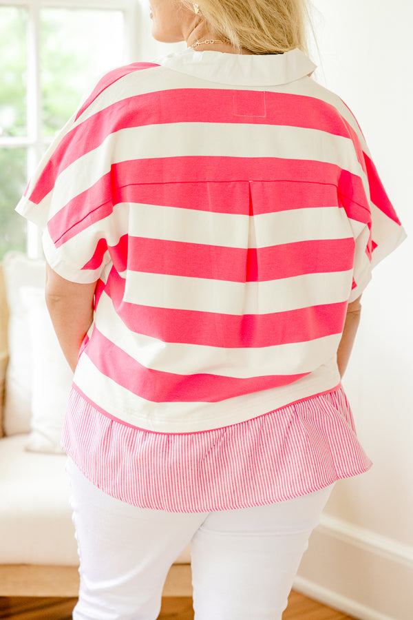 Chic Soul plus size clothing, pink and white stripe short sleeve top with v cutout along neckline with collar detail with large stripes on top with pinstripe ruffle along the bottom