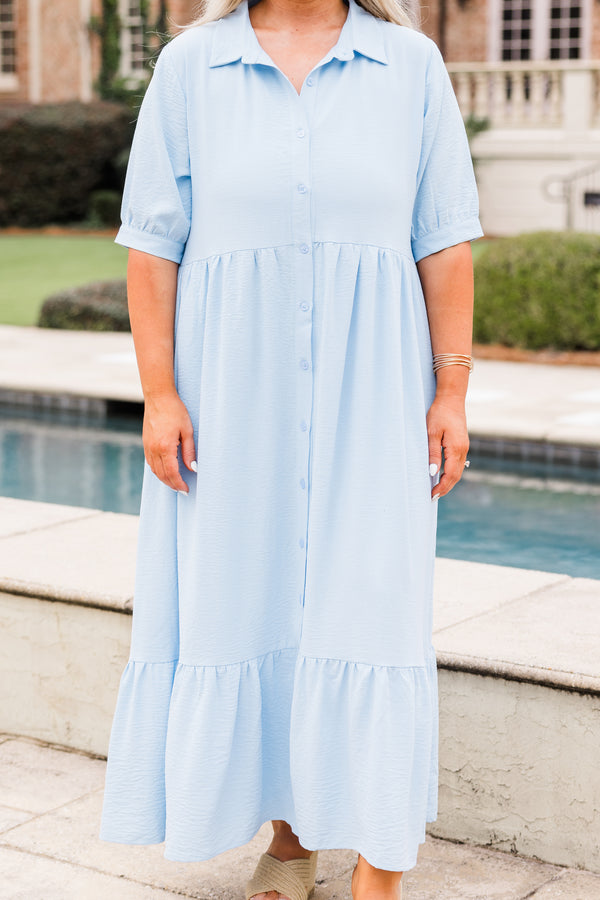Chic Soul plus size clothing, light blue flowy maxi dress with button detailing