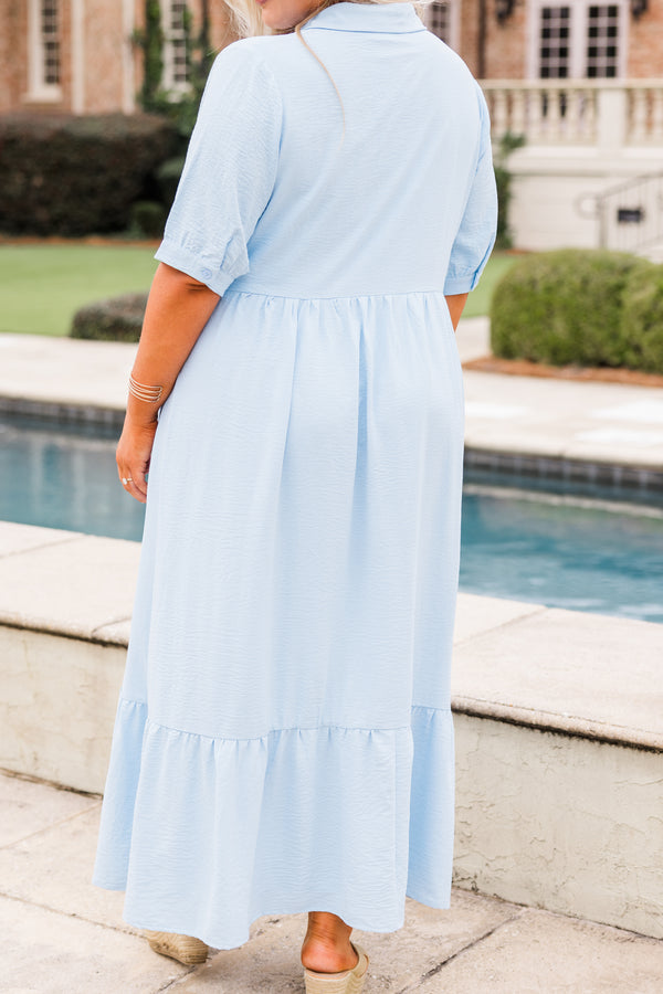 Chic Soul plus size clothing, light blue flowy maxi dress with button detailing