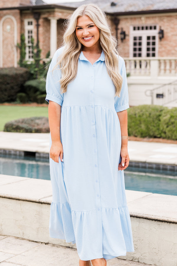 Chic Soul plus size clothing, light blue flowy maxi dress with button detailing