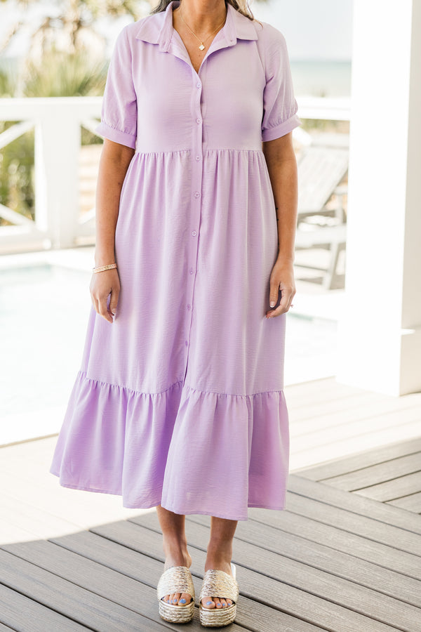 Chic Soul plus size clothing, short-sleeve cuffed collared and button-down lavender purple ruffled baby doll midi dress 