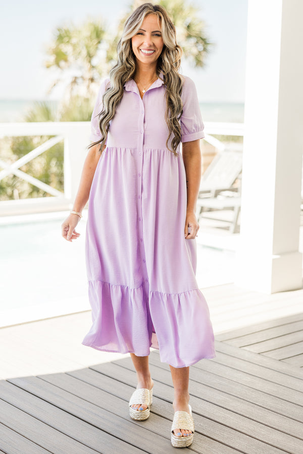 Chic Soul plus size clothing, short-sleeve cuffed collared and button-down lavender purple ruffled baby doll midi dress 