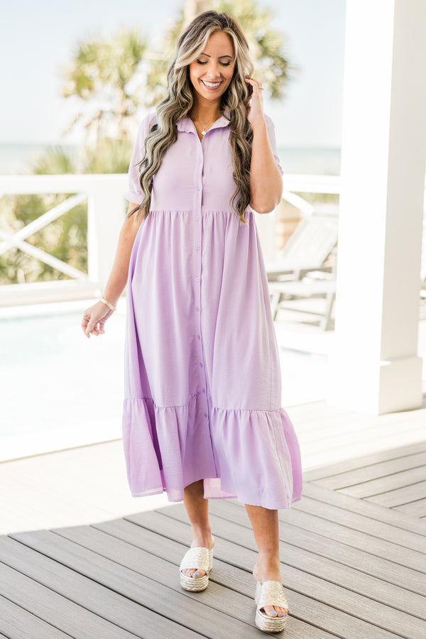 Chic Soul plus size clothing, short-sleeve cuffed collared and button-down lavender purple ruffled baby doll midi dress 