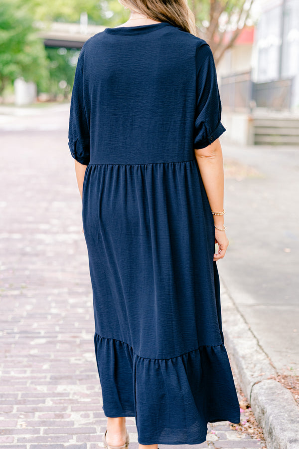 Chic Soul plus size clothing, navy blue short sleeve collared button-up maxi dress