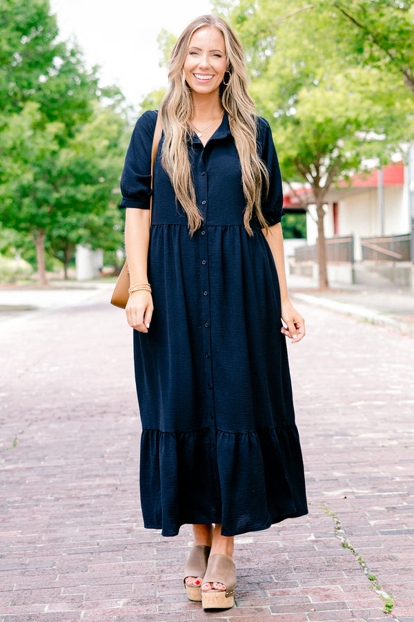 Chic Soul plus size clothing, navy blue short sleeve collared button-up maxi dress