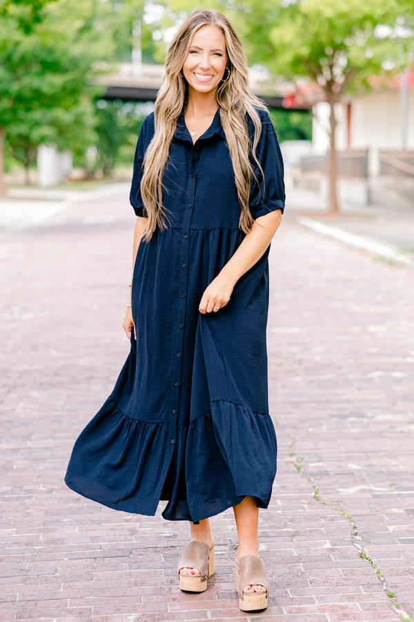 Chic Soul plus size clothing, navy blue short sleeve collared button-up maxi dress