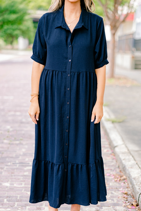 Chic Soul plus size clothing, navy blue short sleeve collared button-up maxi dress