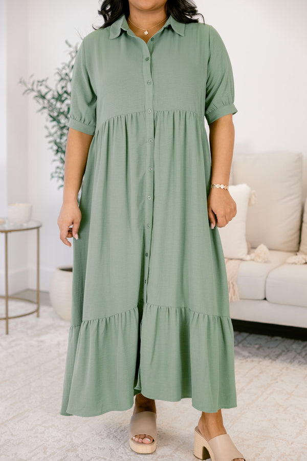 Chic Soul plus size clothing, muted green short sleeve button up maxi dress with collar and ruffle hem