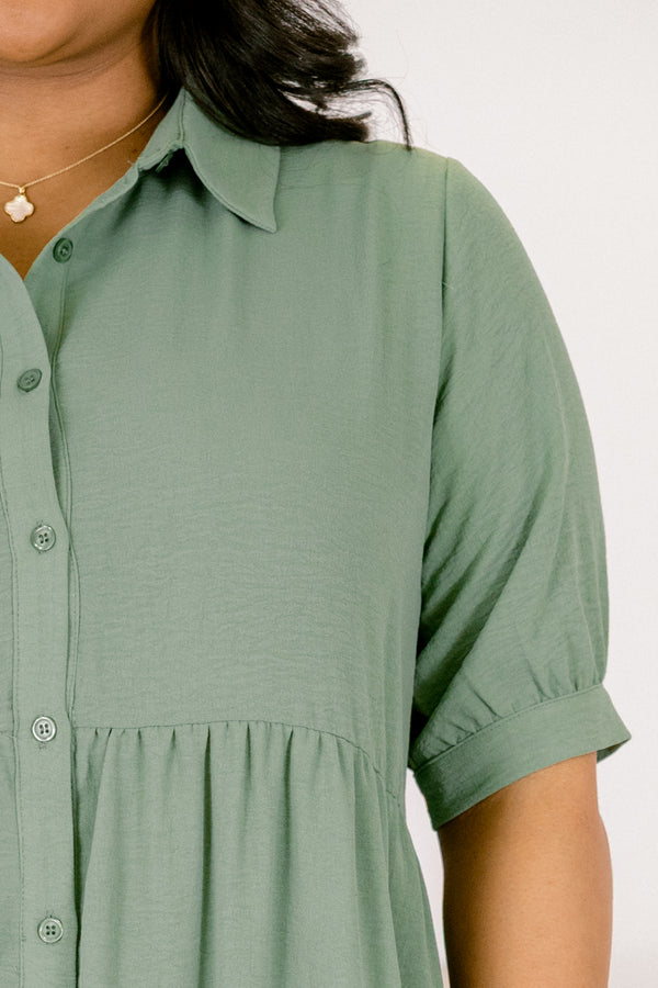 Chic Soul plus size clothing, muted green short sleeve button up maxi dress with collar and ruffle hem