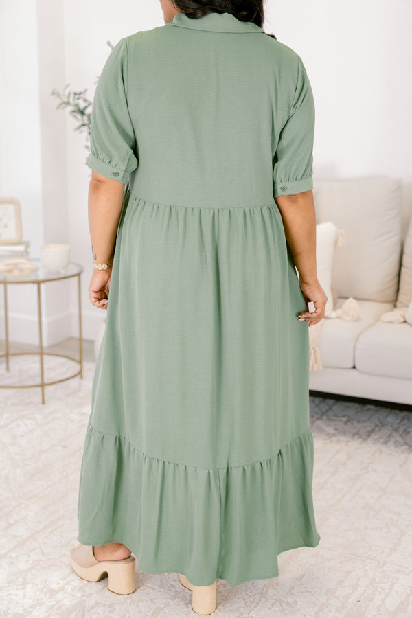 Chic Soul plus size clothing, muted green short sleeve button up maxi dress with collar and ruffle hem