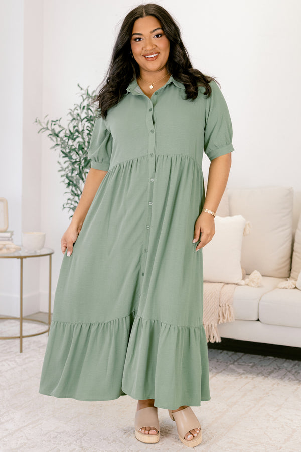 Chic Soul plus size clothing, muted green short sleeve button up maxi dress with collar and ruffle hem