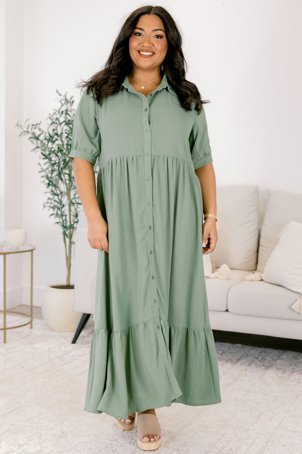 Chic Soul plus size clothing, muted green short sleeve button up maxi dress with collar and ruffle hem