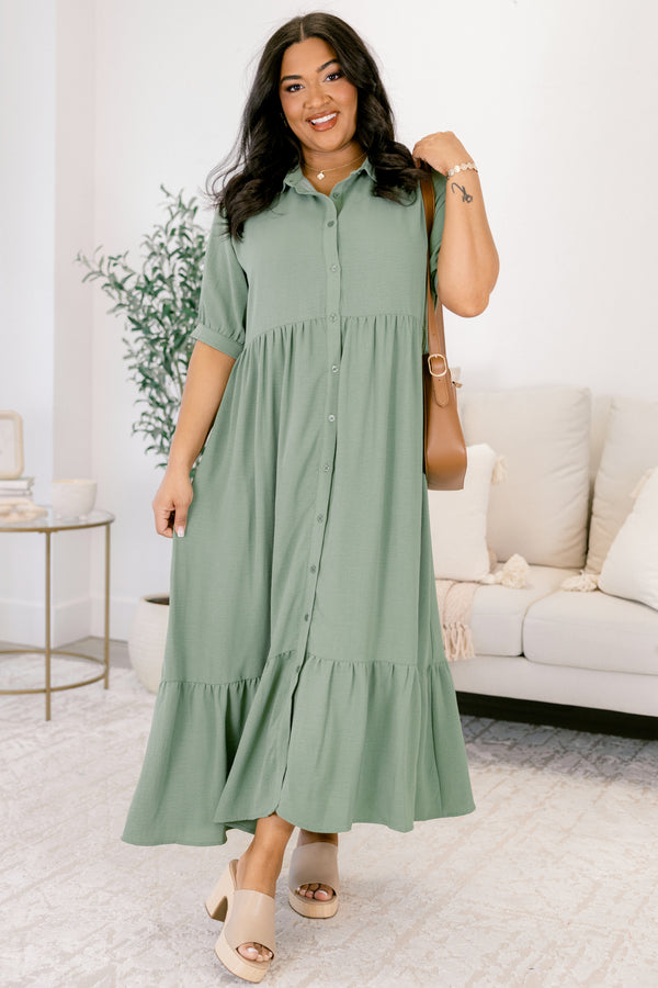 Chic Soul plus size clothing, muted green short sleeve button up maxi dress with collar and ruffle hem