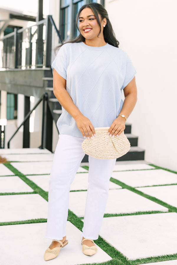 Chic Soul plus size clothing, blue short sleeve sweater with a diamond panel texture throughout. 