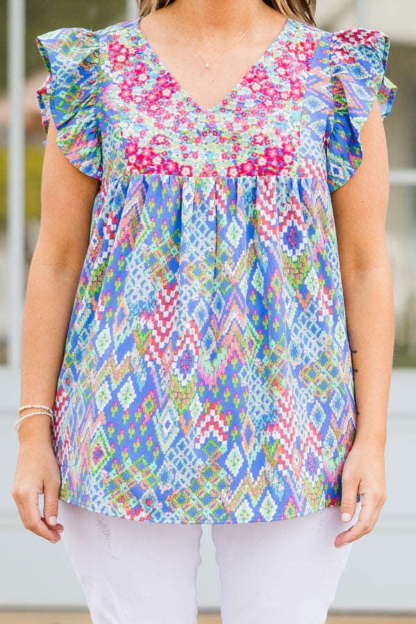 Chic Soul plus size clothing, short sleeve blue multi-colored top with ruffled sleeves and v-neckline