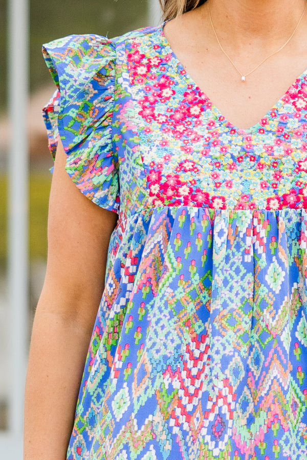 Chic Soul plus size clothing, short sleeve blue multi-colored top with ruffled sleeves and v-neckline