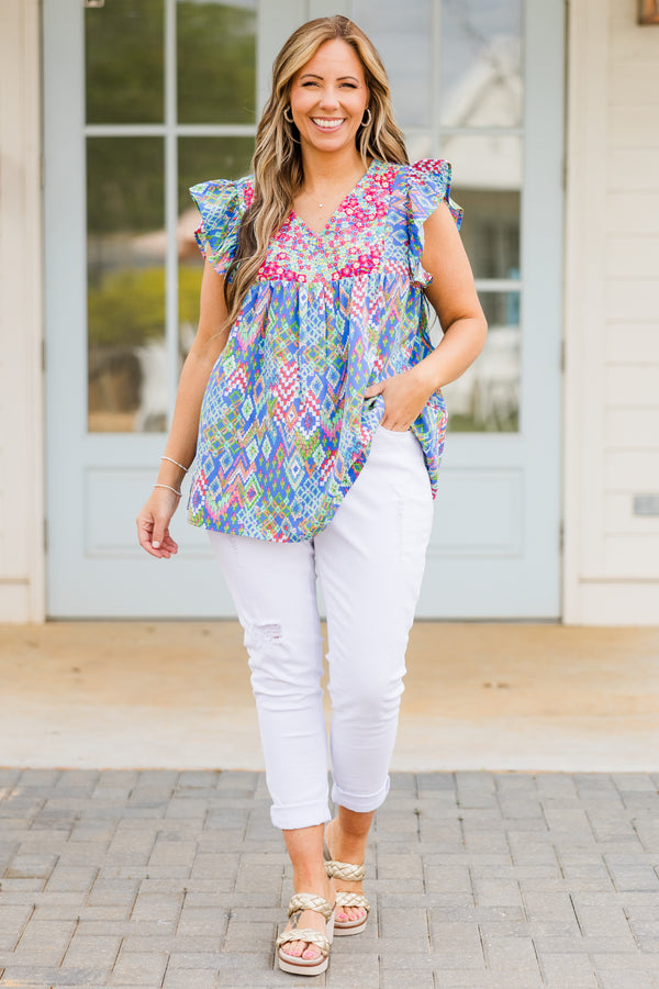 Chic Soul plus size clothing, short sleeve blue multi-colored top with ruffled sleeves and v-neckline