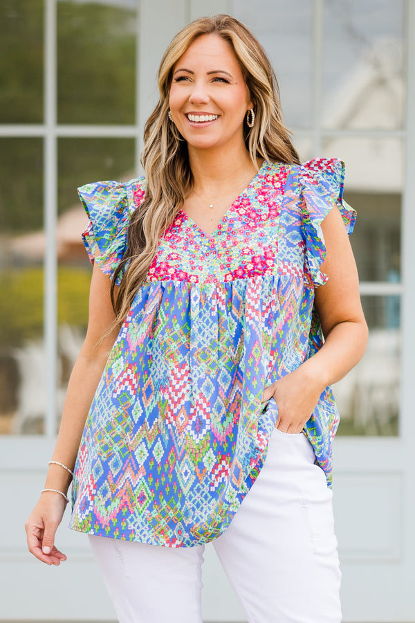 Chic Soul plus size clothing, short sleeve blue multi-colored top with ruffled sleeves and v-neckline