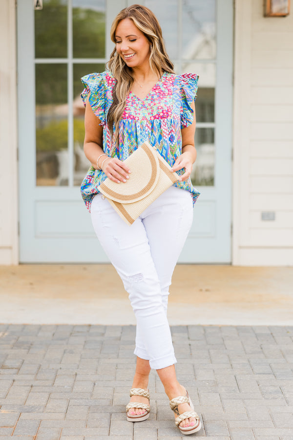 Chic Soul plus size clothing, short sleeve blue multi-colored top with ruffled sleeves and v-neckline