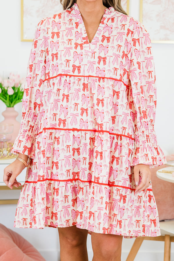 Chic Soul plus size clothing, pink long sleeve short dress with red and pink bows and red layered trim