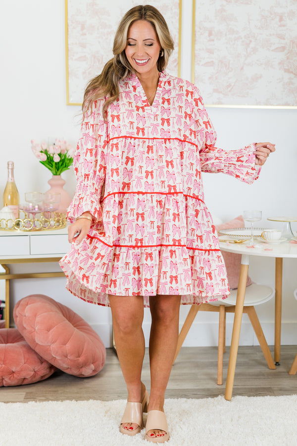 Chic Soul plus size clothing, pink long sleeve short dress with red and pink bows and red layered trim