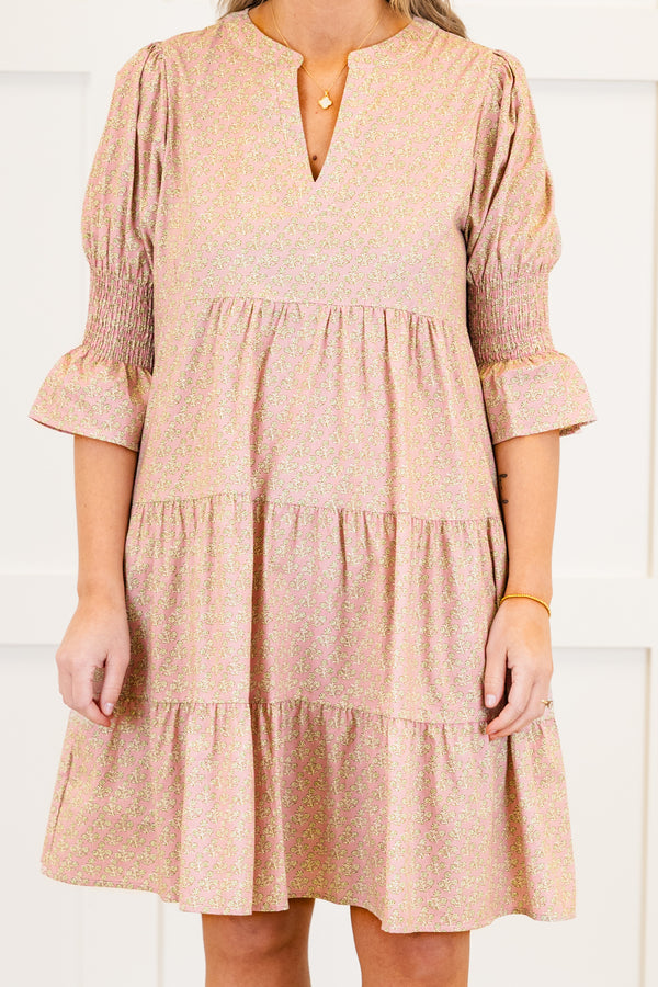 Chic Soul plus size clothing, light pink small floral print mini dress with short sleeves with v cutout along neckline with smock detail on sleeves with tiered detail