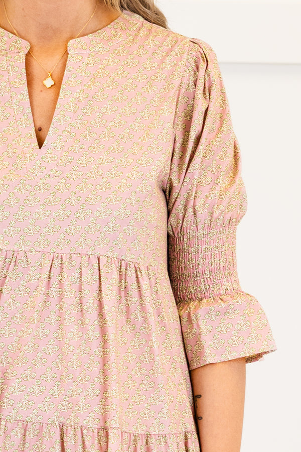 Chic Soul plus size clothing, light pink small floral print mini dress with short sleeves with v cutout along neckline with smock detail on sleeves with tiered detail