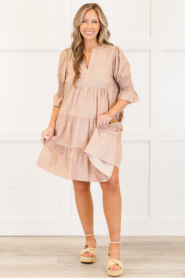Chic Soul plus size clothing, light pink small floral print mini dress with short sleeves with v cutout along neckline with smock detail on sleeves with tiered detail