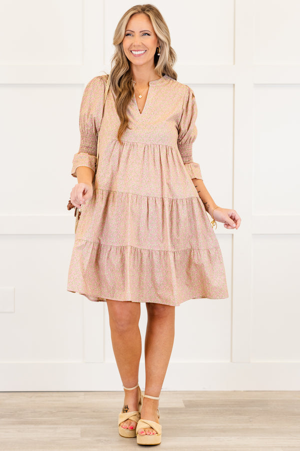 Chic Soul plus size clothing, light pink small floral print mini dress with short sleeves with v cutout along neckline with smock detail on sleeves with tiered detail