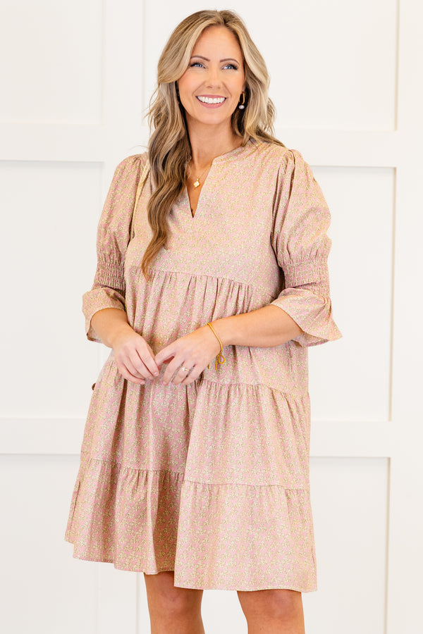 Chic Soul plus size clothing, light pink small floral print mini dress with short sleeves with v cutout along neckline with smock detail on sleeves with tiered detail