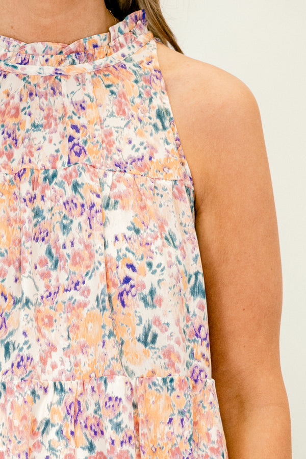 Chic Soul plus size clothing, pink halter sleeveless tiered mini dress with abstract multicolored print 