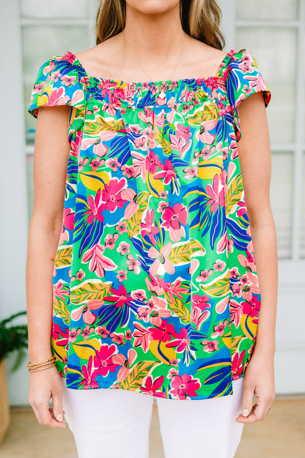 Chic Soul plus size clothing, blue tank top with thick straps with a square-neckline with a multi-colored tropical floral pattern 
