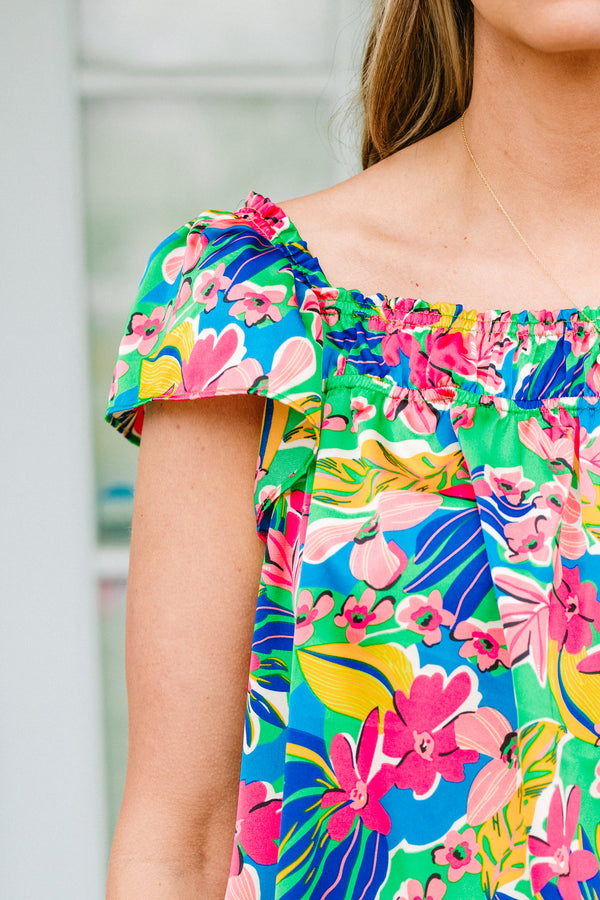 Chic Soul plus size clothing, blue tank top with thick straps with a square-neckline with a multi-colored tropical floral pattern 