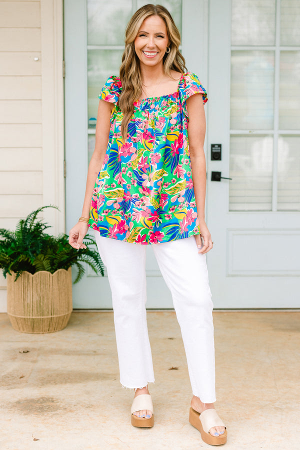 Chic Soul plus size clothing, blue tank top with thick straps with a square-neckline with a multi-colored tropical floral pattern 